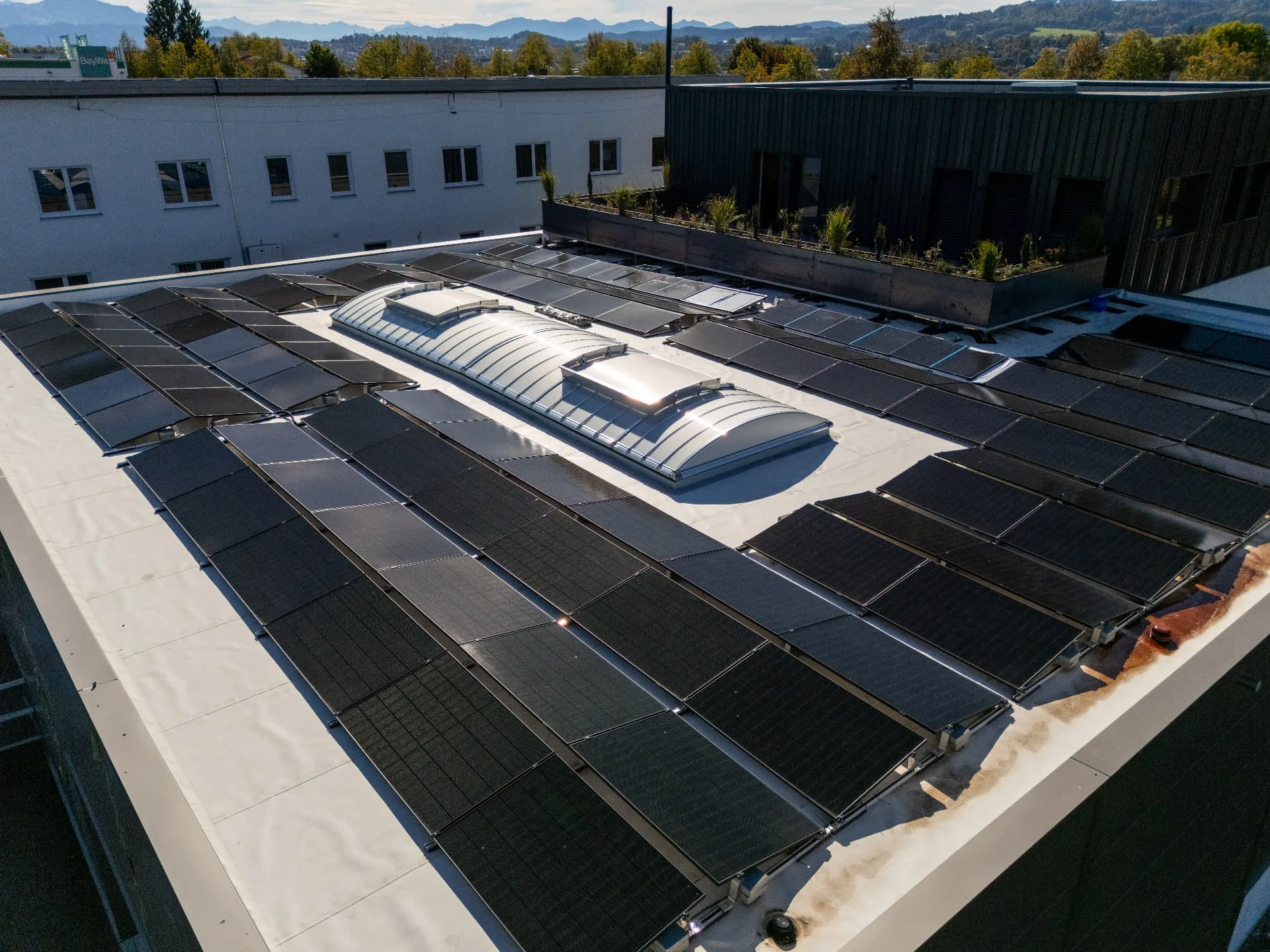 Photovoltaikmodule auf dem Dach des Sandholzer-Firmengebäudes