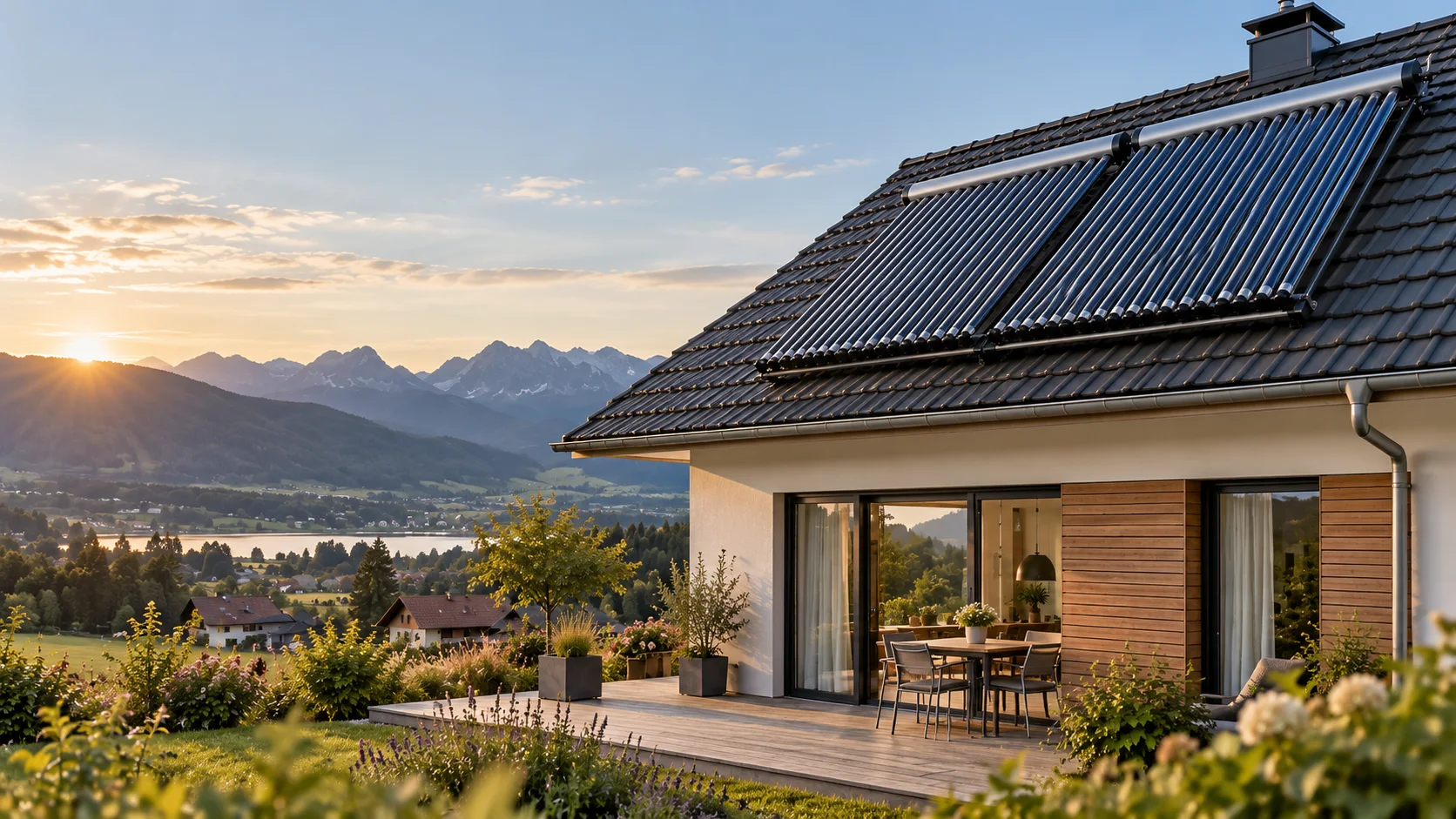 Alpenhaus mit Solarthermiekollektoren auf dem Dach
