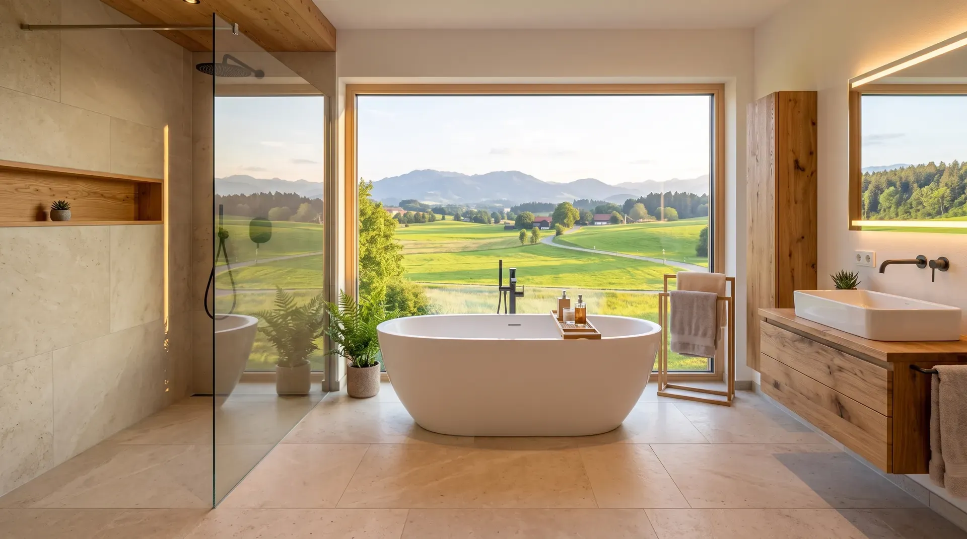 Helles Badezimmer mit freistehender Wanne und bodengleicher Dusche