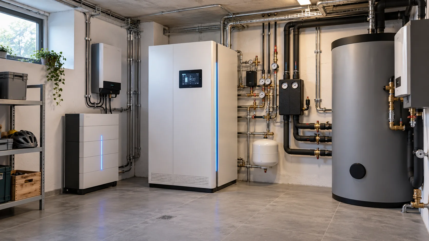 Moderne Energiezentrale mit Speicher und Haustechnik im Technikraum